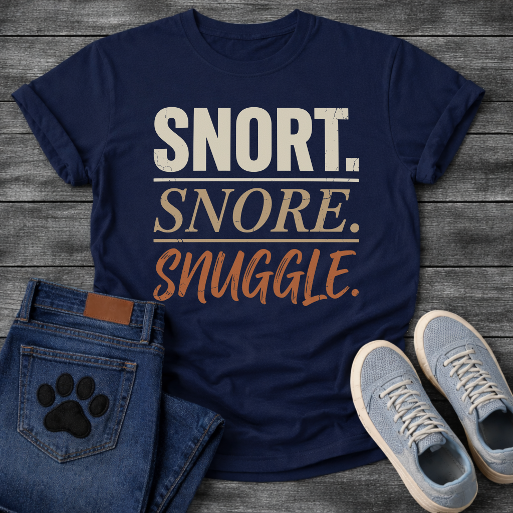 Snort Snore Snuggle bold distressed multi-tone typography graphic tee