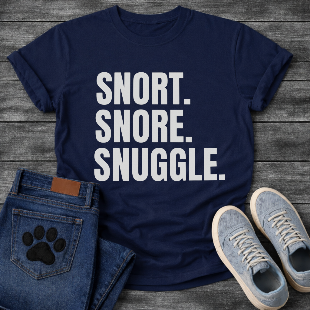 Snort Snore Snuggle bold white typography graphic tee on black