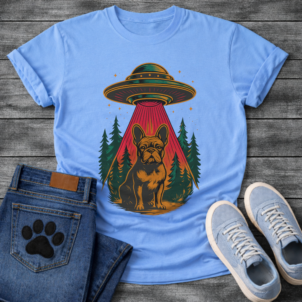Galaxy spaceship Frenchie dog shirt with UFO abduction design for French Bulldog lovers