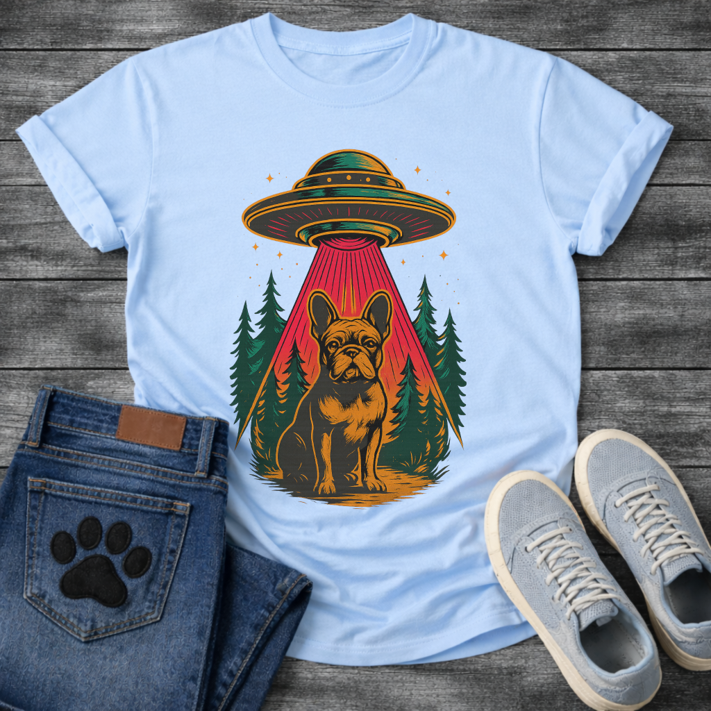 Galaxy spaceship Frenchie dog shirt with UFO abduction design for French Bulldog lovers