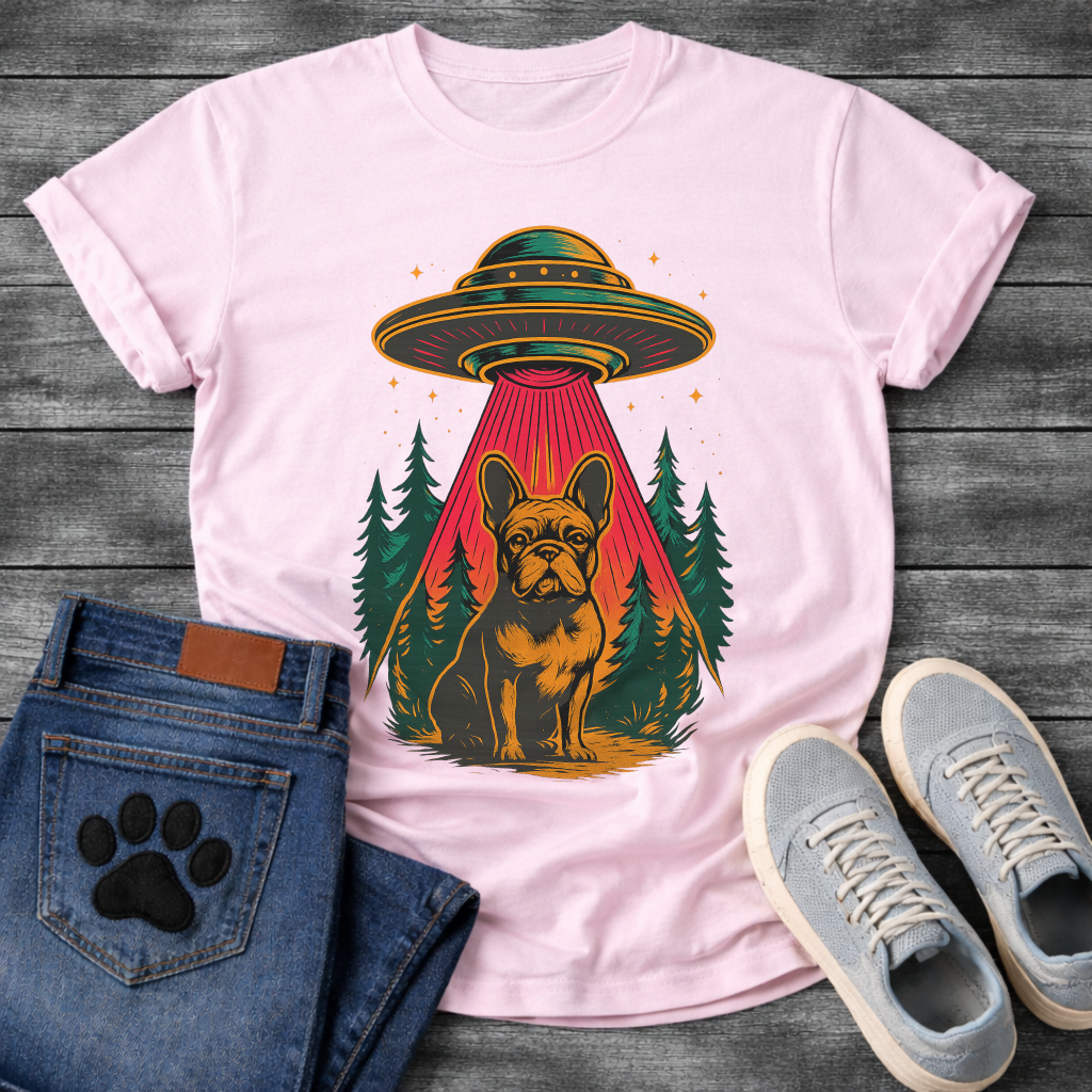 Galaxy spaceship Frenchie dog shirt with UFO abduction design for French Bulldog lovers