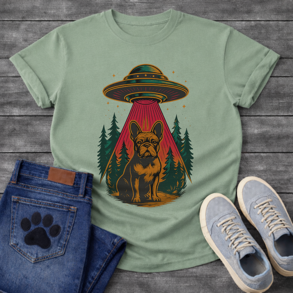 Galaxy spaceship Frenchie dog shirt with UFO abduction design for French Bulldog lovers
