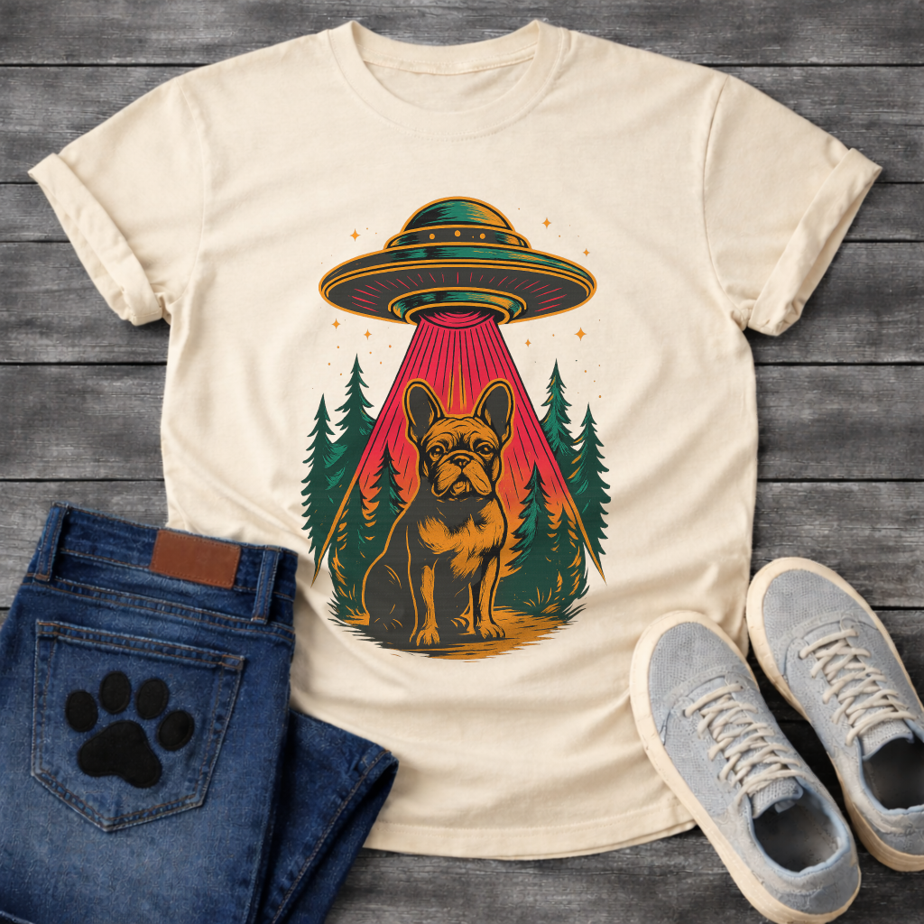 Galaxy spaceship Frenchie dog shirt with UFO abduction design for French Bulldog lovers
