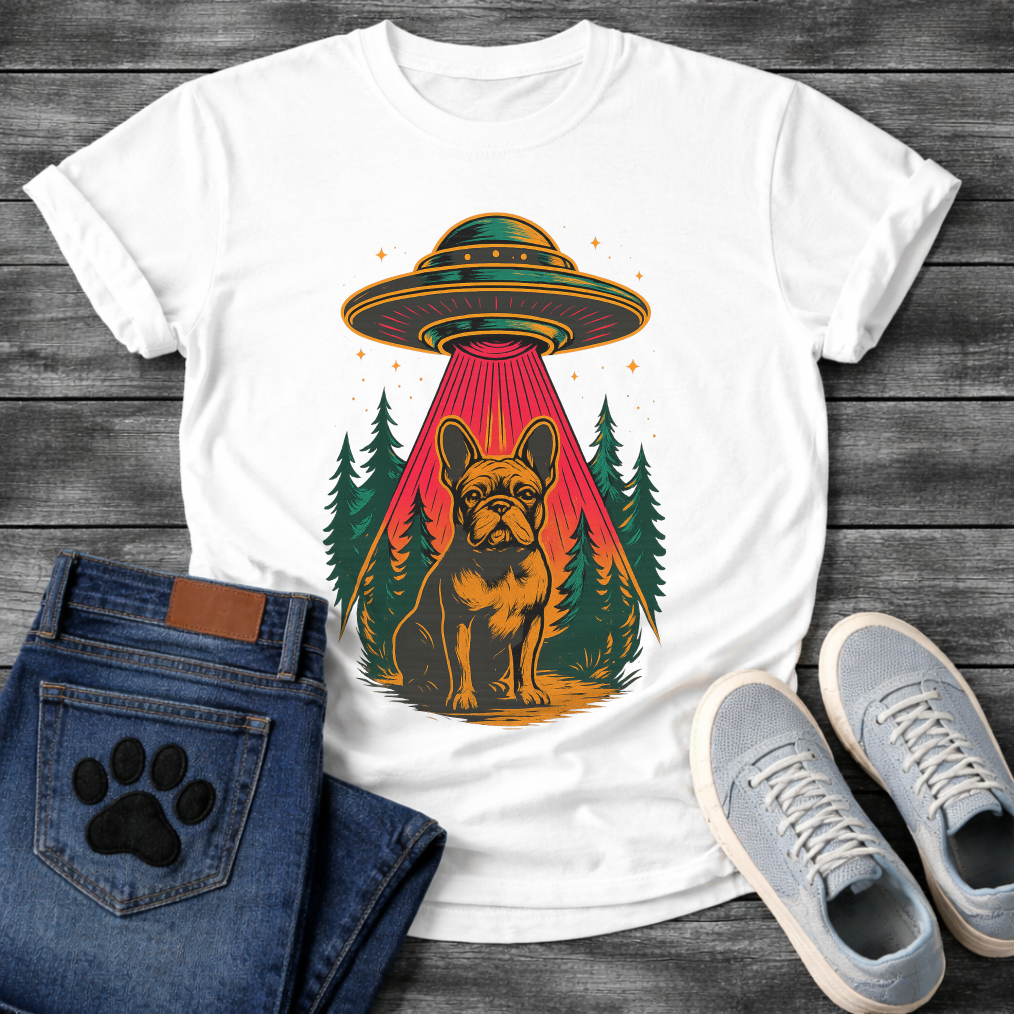 Galaxy spaceship Frenchie dog shirt with UFO abduction design for French Bulldog lovers
