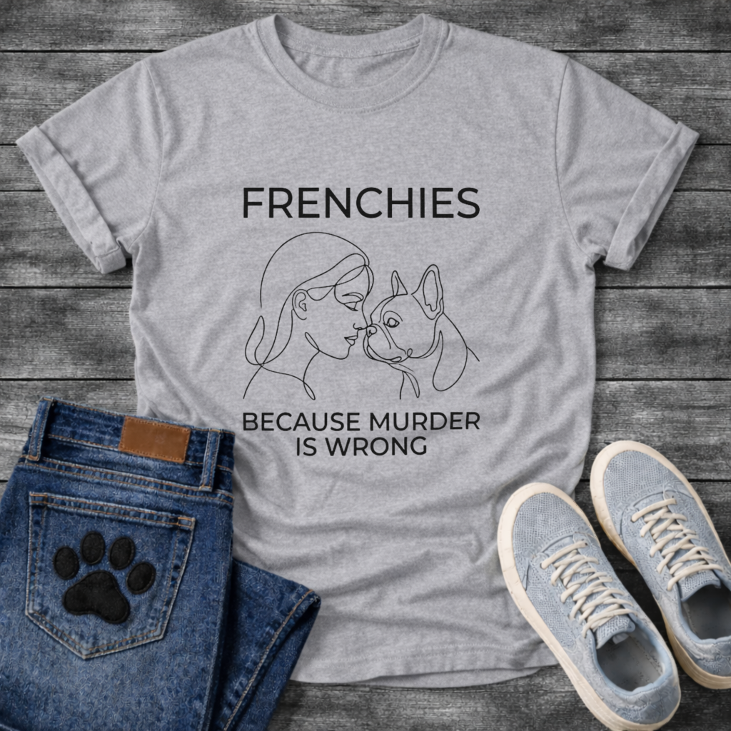 Frenchies Because Murder Is Wrong line art woman and French Bulldog t-shirt white funny dog shirt