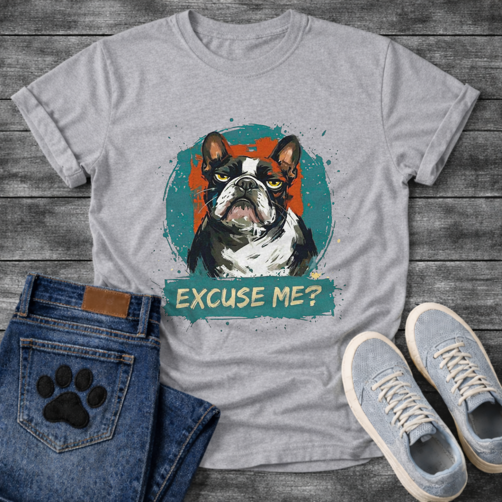 Excuse Me bold painterly French Bulldog graphic t-shirt natural teal orange funny dog shirt