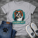 Excuse Me bold painterly French Bulldog graphic t-shirt natural teal orange funny dog shirt