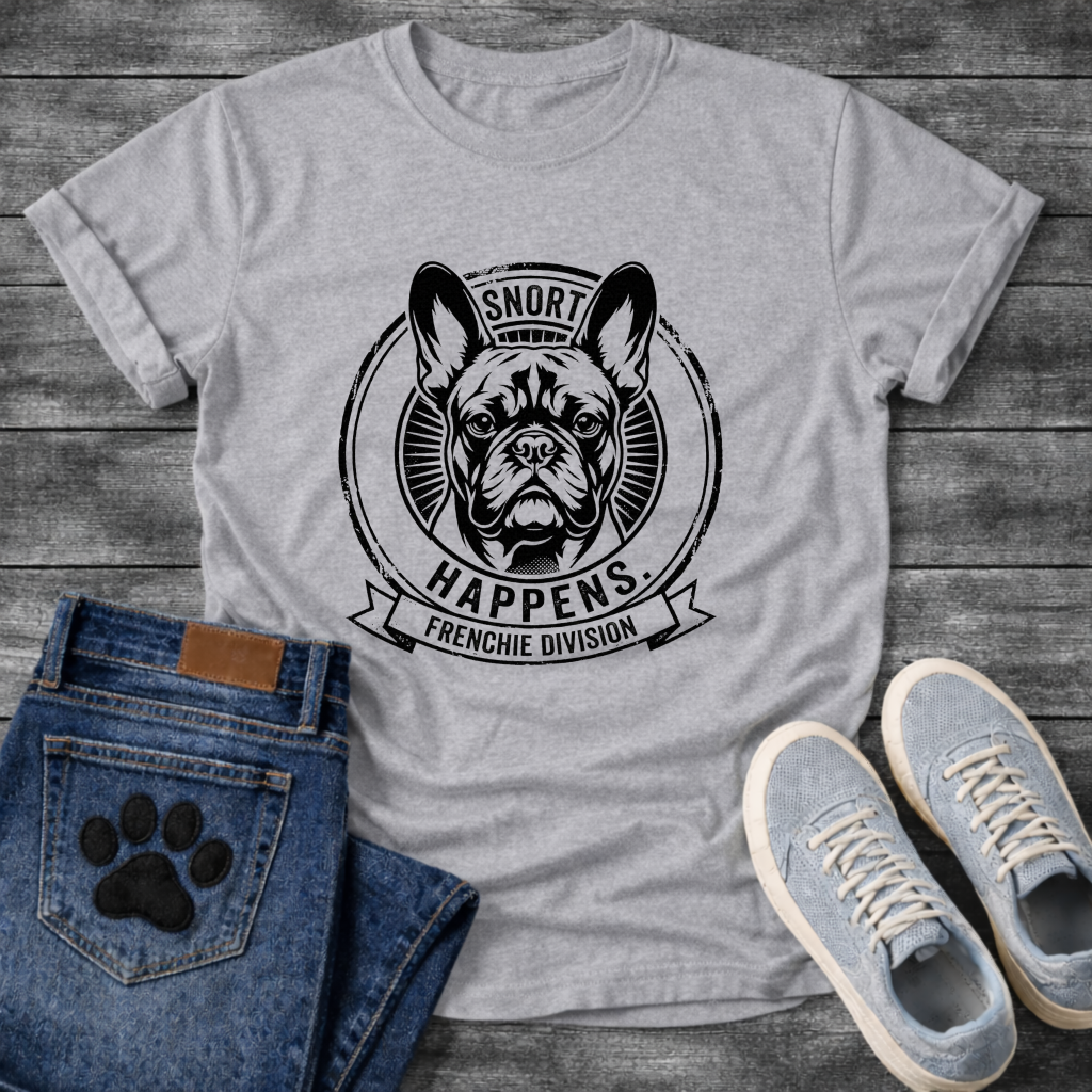 Snort Happens Frenchie Division stamp graphic natural t-shirt funny French Bulldog shirt