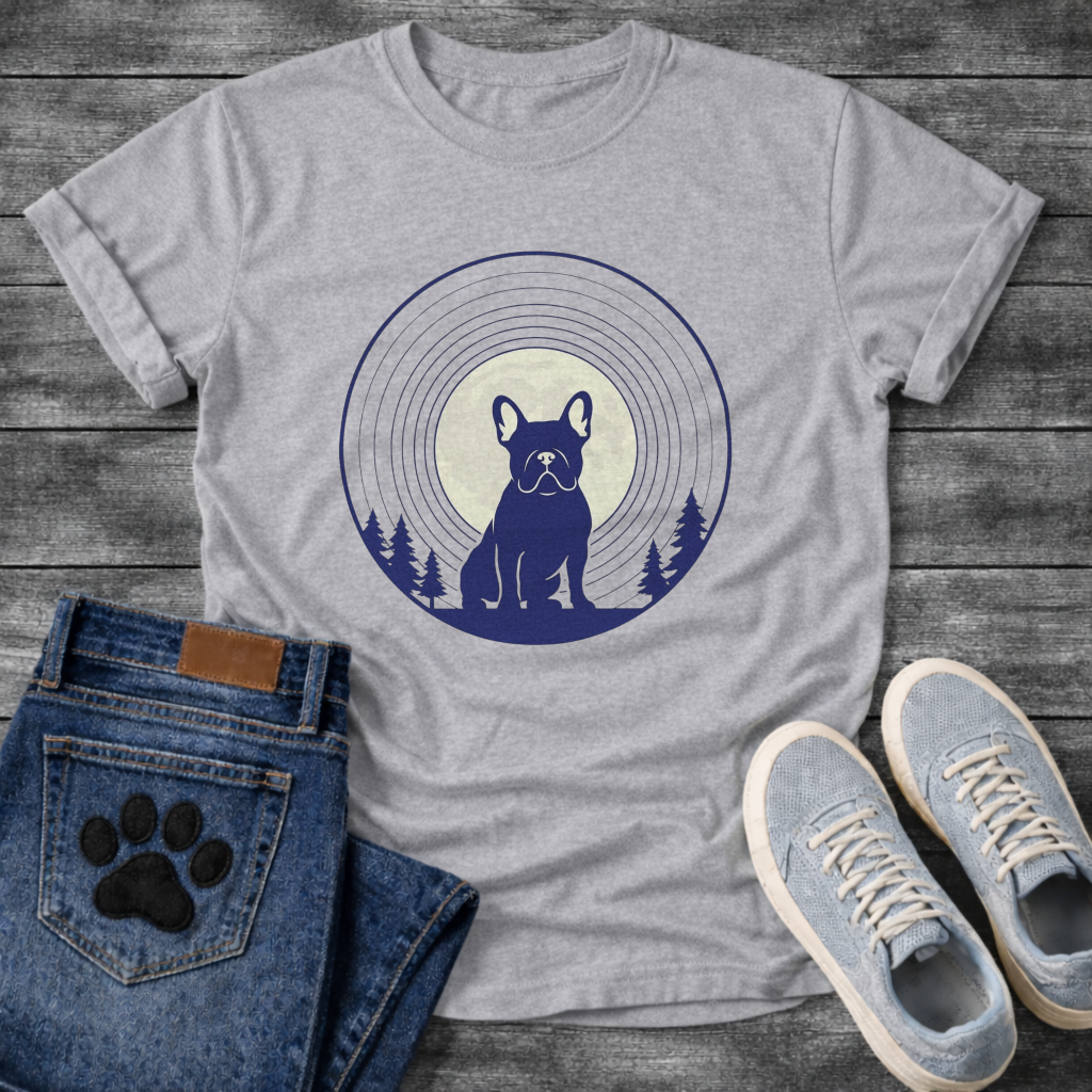 French Bulldog silhouette seated in front of a full moon with concentric rings and pine trees, navy and cream circular badge graphic tee