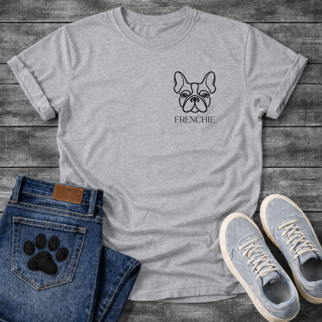 Frenchie face line art pocket t-shirt dark heather French Bulldog pet lover apparel