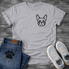 Bold Frenchie chest logo t-shirt white French Bulldog bat ears pet lover apparel
