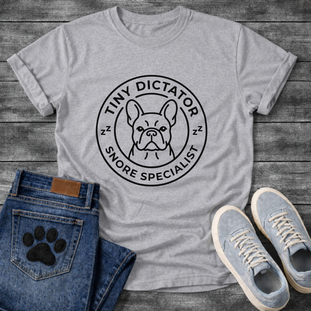 Tiny Dictator Snore Specialist French Bulldog circle badge t-shirt white funny dog shirt