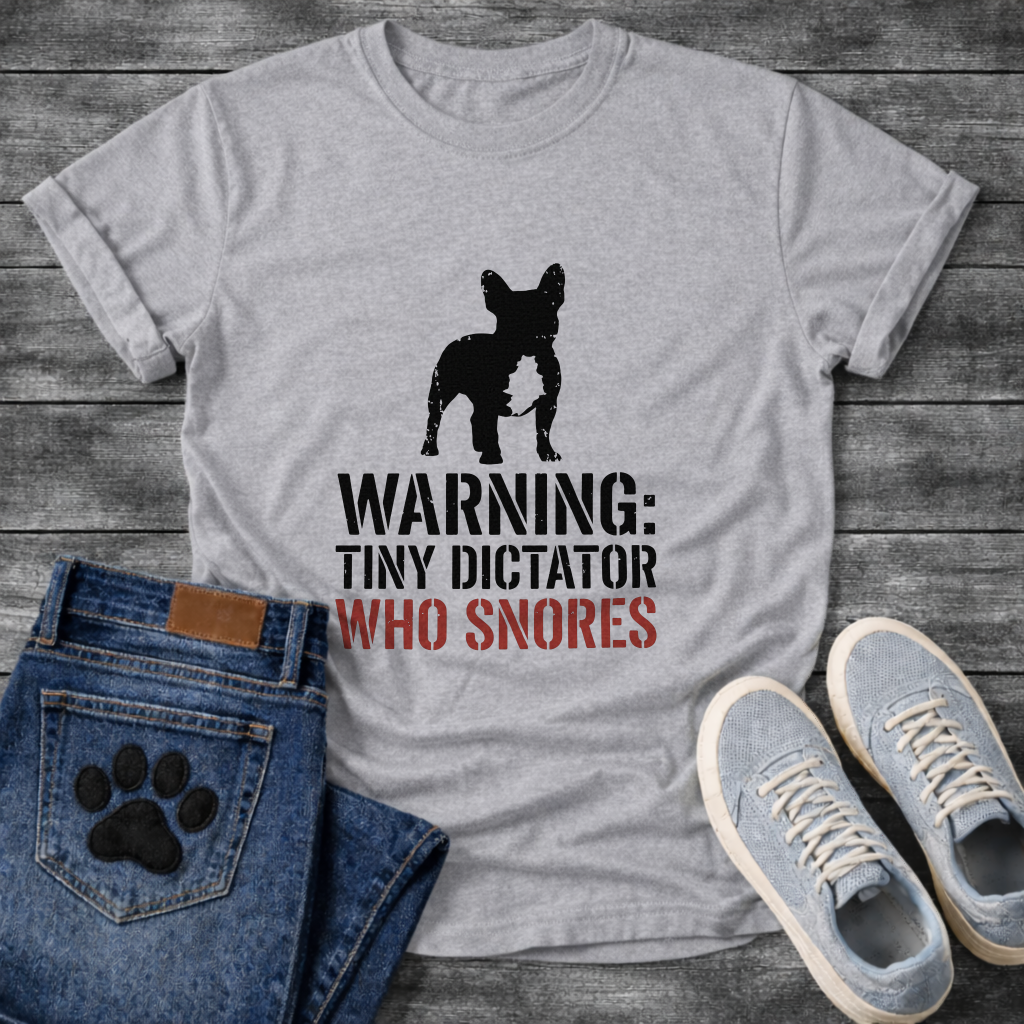 Warning Tiny Dictator Who Snores stencil French Bulldog t-shirt white funny dog shirt