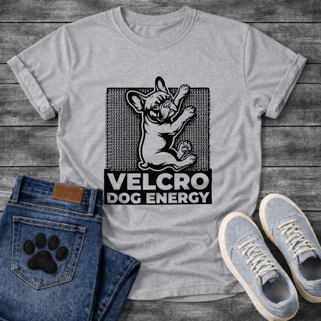 Velcro Dog Energy French Bulldog clinging graphic t-shirt funny dog shirt