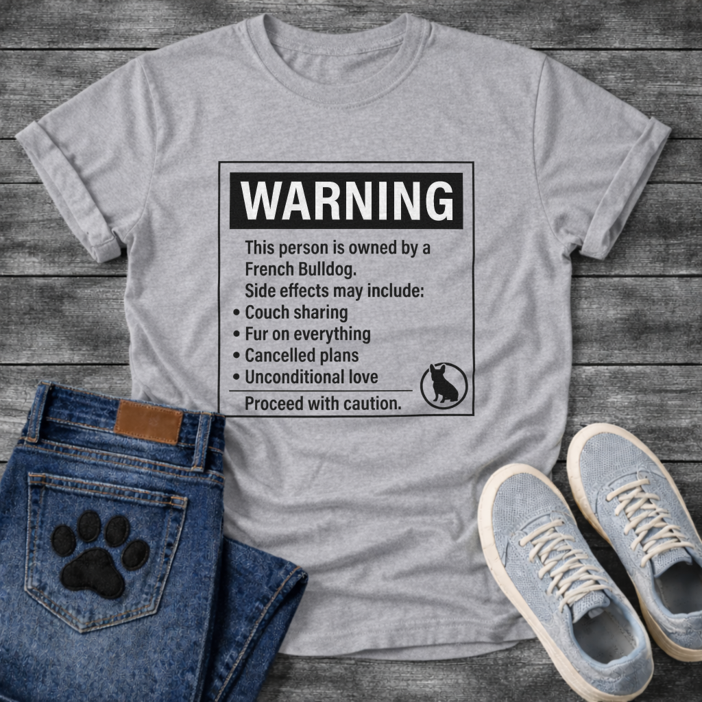 French Bulldog warning label funny t-shirt with Frenchie silhouette
