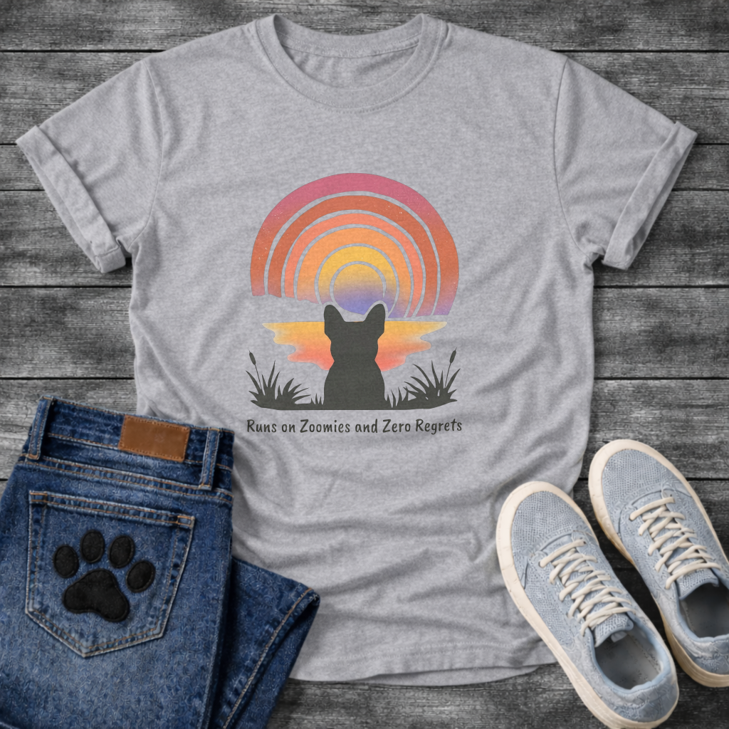 Runs on Zoomies and Zero Regrets French Bulldog sunset t-shirt white pet lover apparel funny dog shirt
