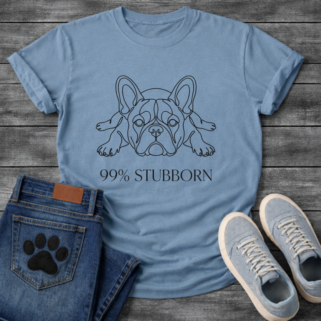 French Bulldog stubborn flat lay continuous line art t-shirt - 
Frenchie chin down paws forward 99% Stubborn graphic tee