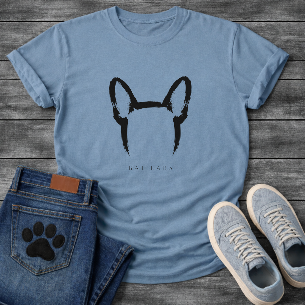 French Bulldog bat ears brush mark t-shirt Sumi-e calligraphic bat ears mark with spaced serif text Frenchie tee