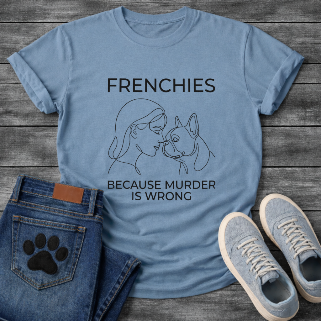 Frenchies Because Murder Is Wrong line art woman and French Bulldog t-shirt white funny dog shirt