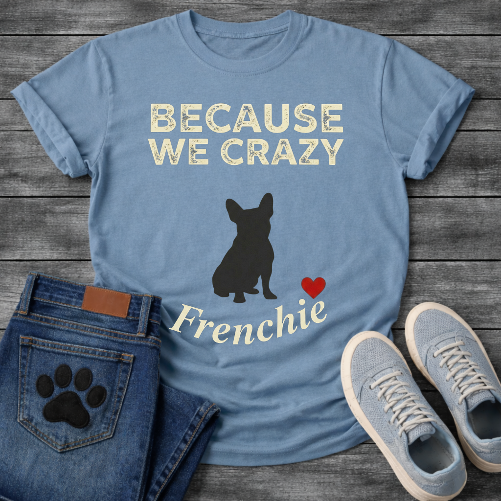 Because We Crazy Frenchie silhouette distressed t-shirt funny French Bulldog pet lover apparel