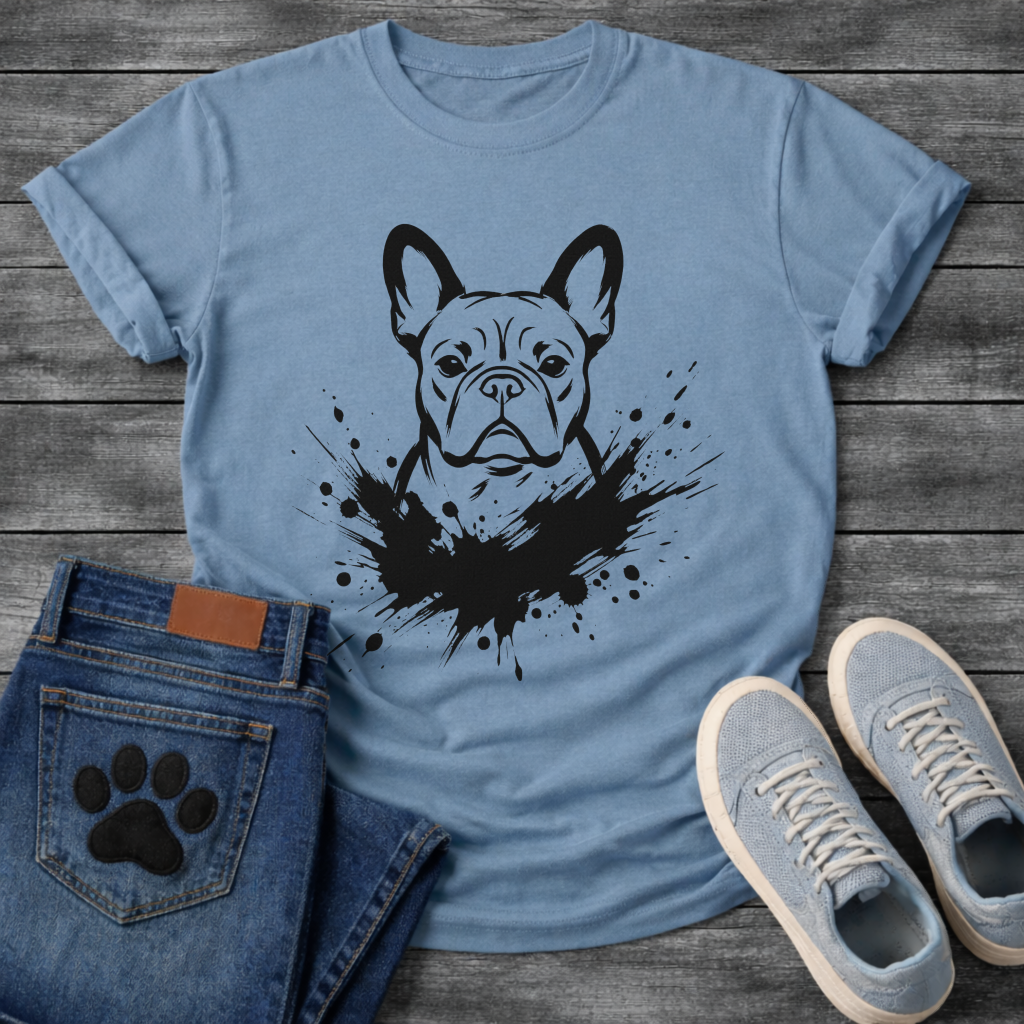 French Bulldog ink splash t-shirt - bold black ink splatter dignified Frenchie portrait emerging from ink explosion tee