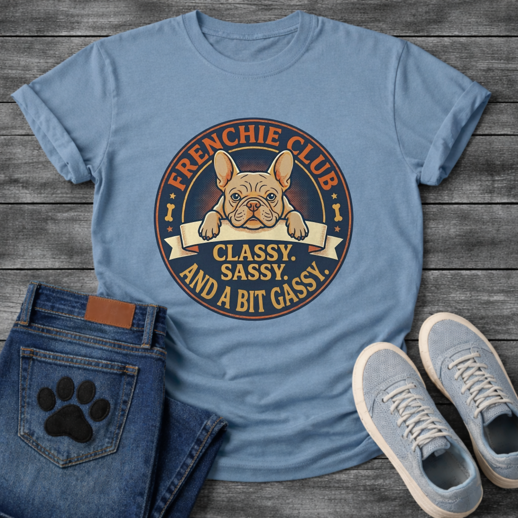 Frenchie Club Classy Sassy Bit Gassy full color fawn badge t-shirt funny French Bulldog shirt