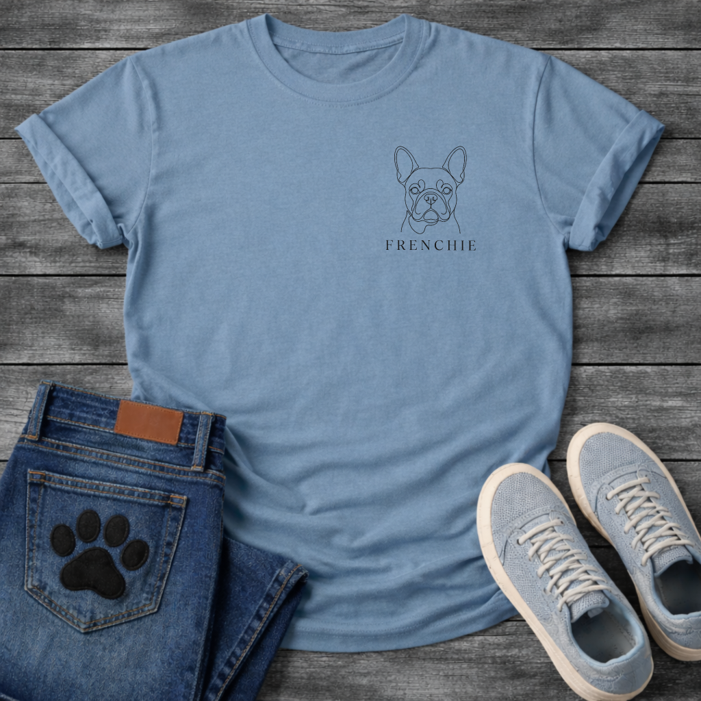Minimalist continuous line art French Bulldog portrait t-shirt - 
black line drawing on white tee with Frenchie serif text