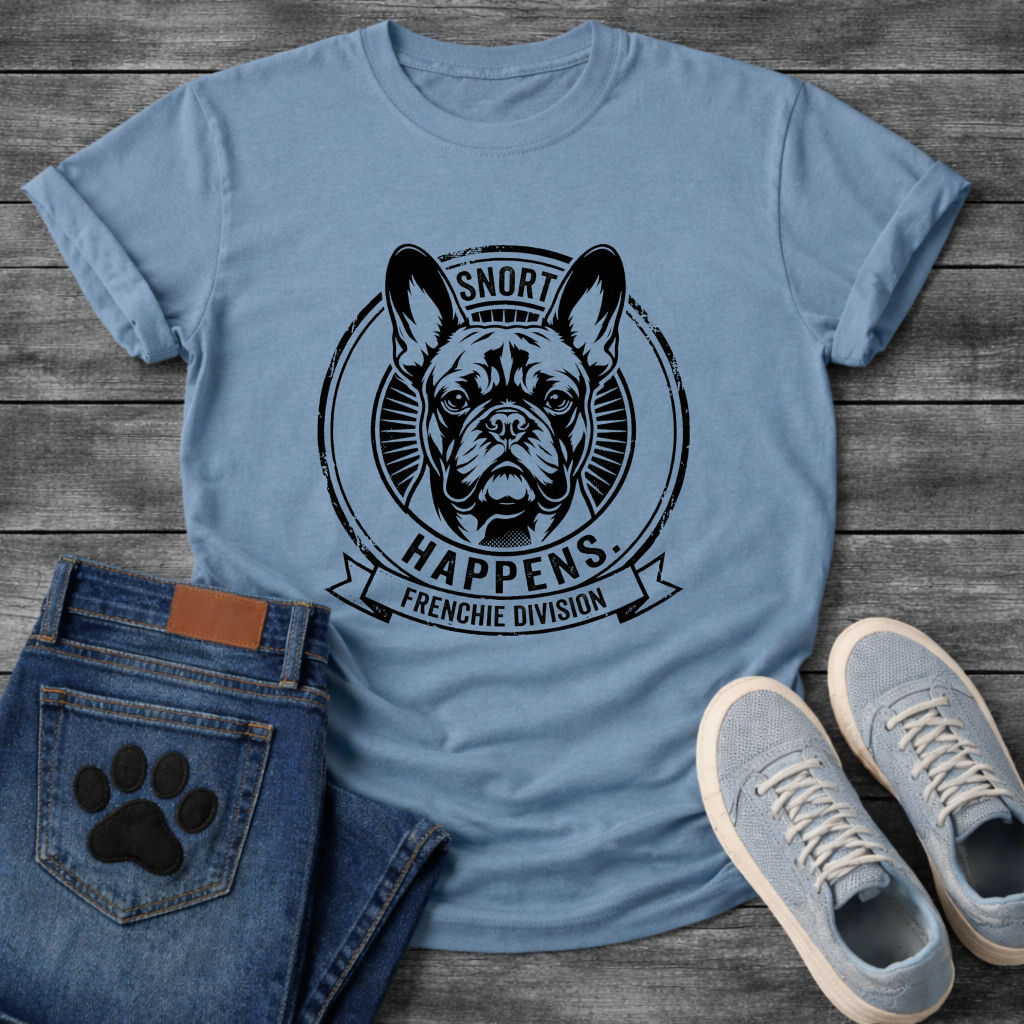 Snort Happens Frenchie Division stamp graphic natural t-shirt funny French Bulldog shirt