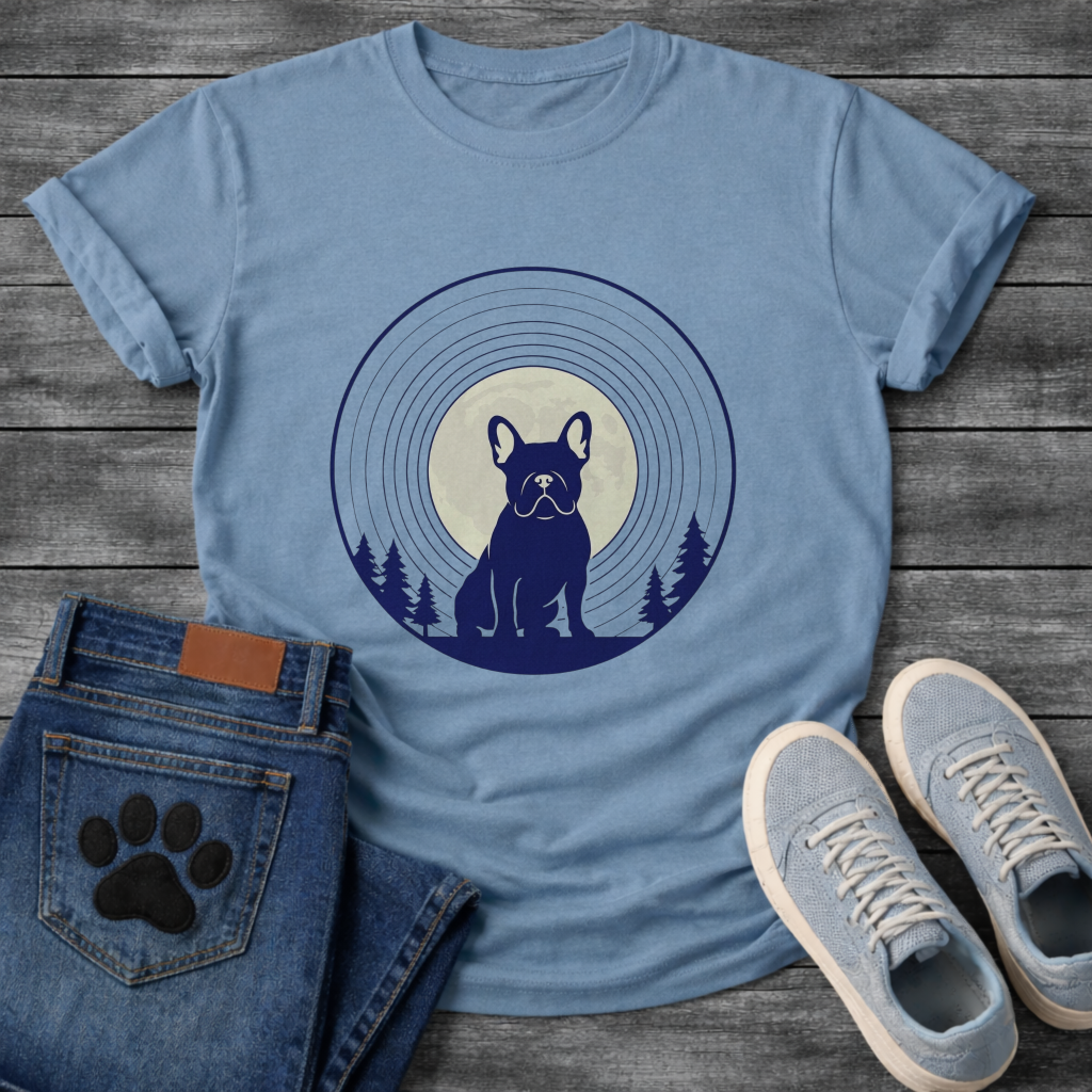 French Bulldog silhouette seated in front of a full moon with concentric rings and pine trees, navy and cream circular badge graphic tee