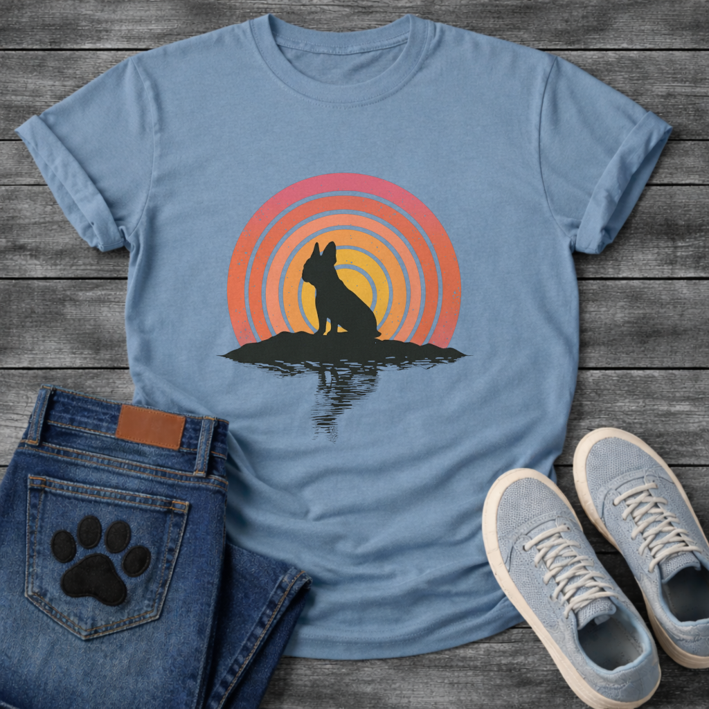 Frenchie silhouette retro concentric sunset reflection t-shirt white pet lover apparel dog lover gift