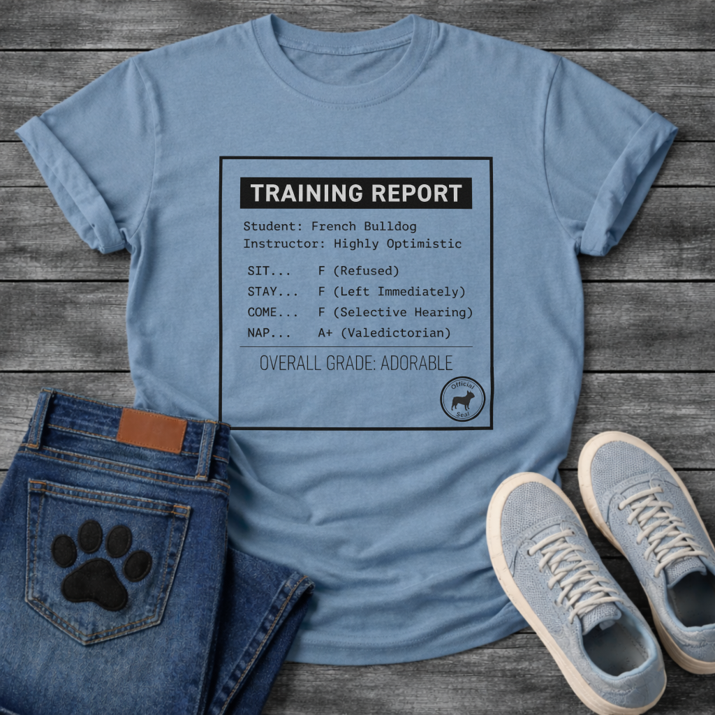 French Bulldog training report card funny t-shirt with Official Seal stamp