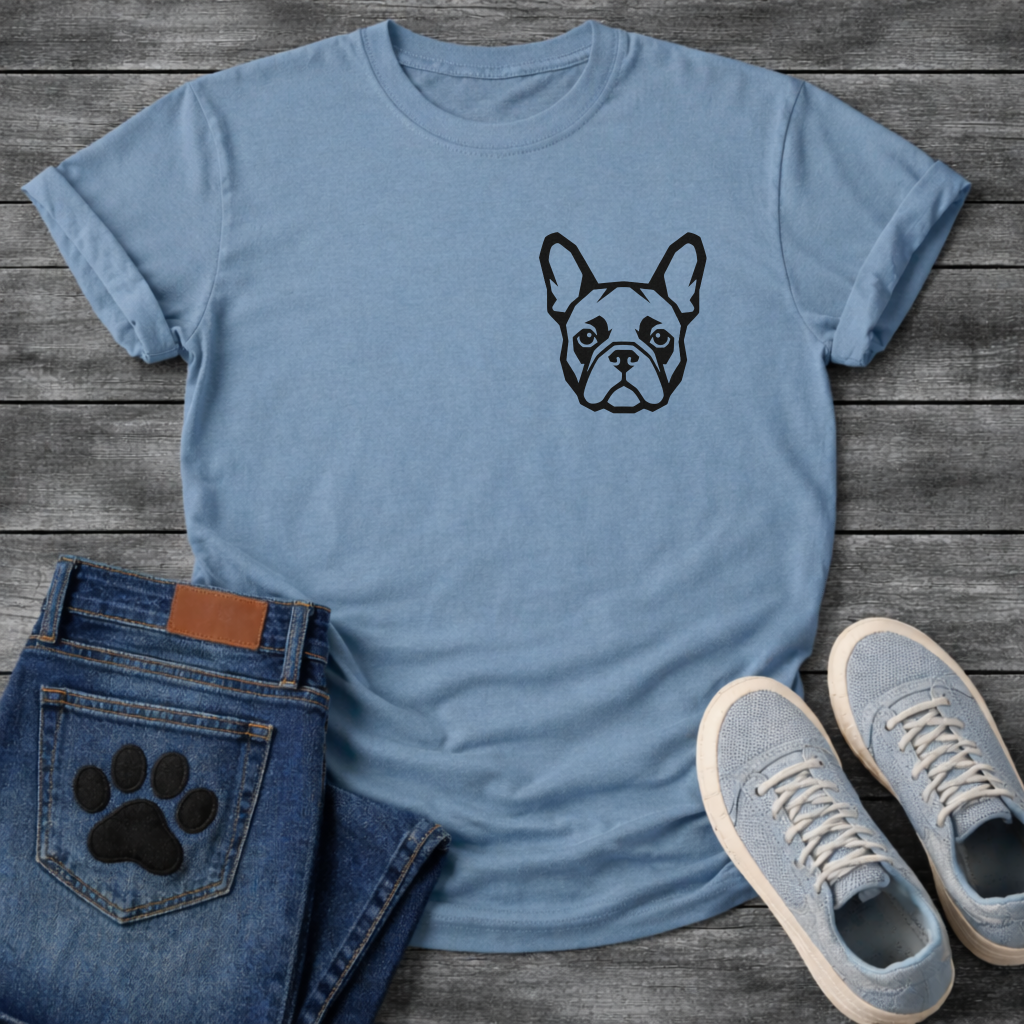 Bold Frenchie chest logo t-shirt white French Bulldog bat ears pet lover apparel