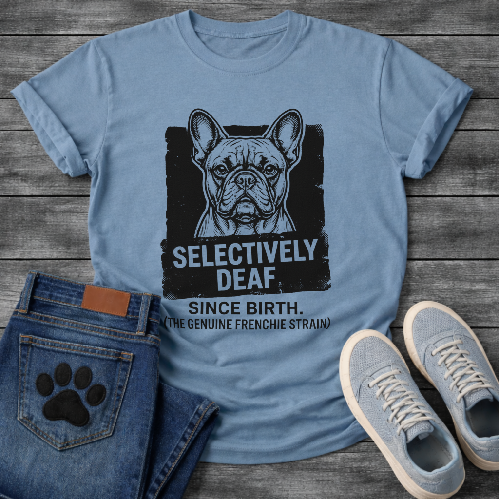 Selectively Deaf Since Birth bold graphic French Bulldog t-shirt funny dog shirt