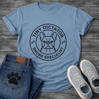 Tiny Dictator Snore Specialist French Bulldog circle badge t-shirt white funny dog shirt