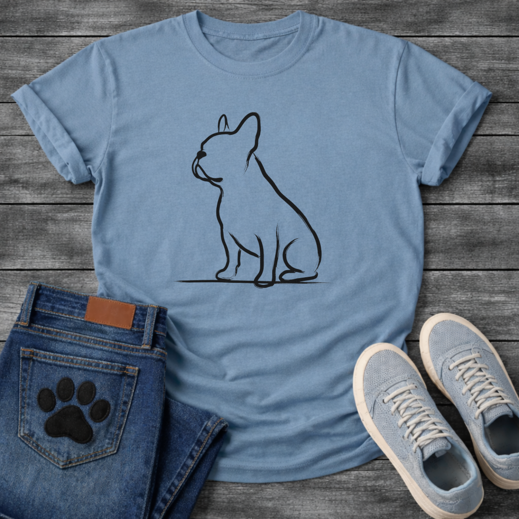 Japanese Sumi-e brush art French Bulldog side profile t-shirt - minimal black ink Frenchie silhouette outline tee