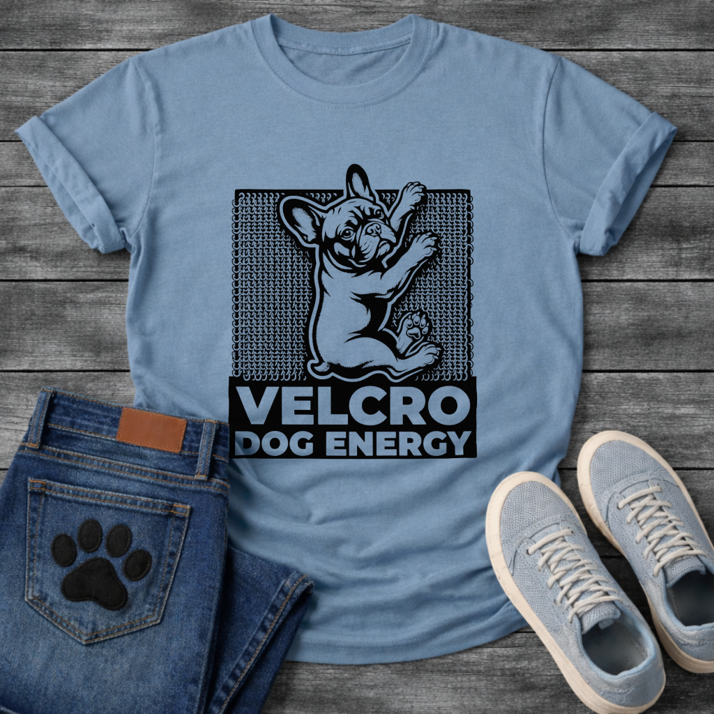Velcro Dog Energy French Bulldog clinging graphic t-shirt funny dog shirt