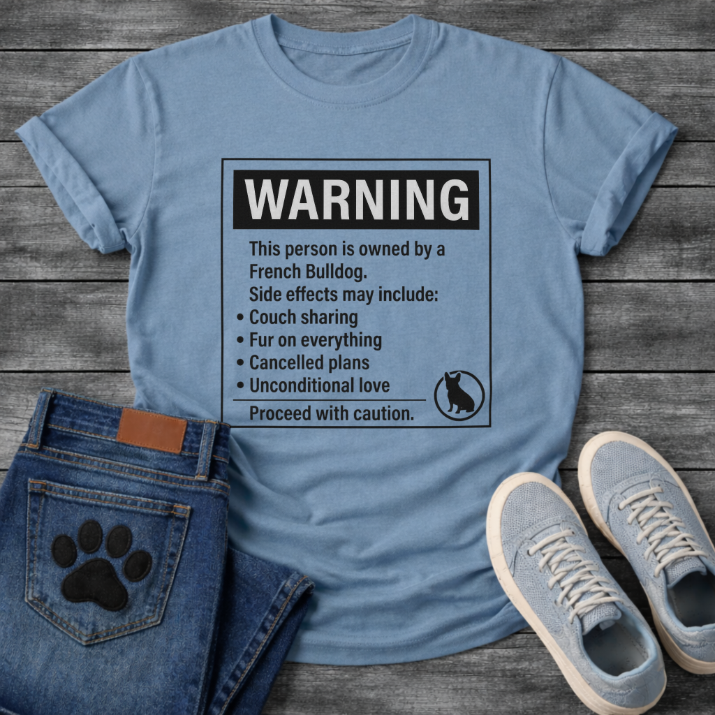 French Bulldog warning label funny t-shirt with Frenchie silhouette