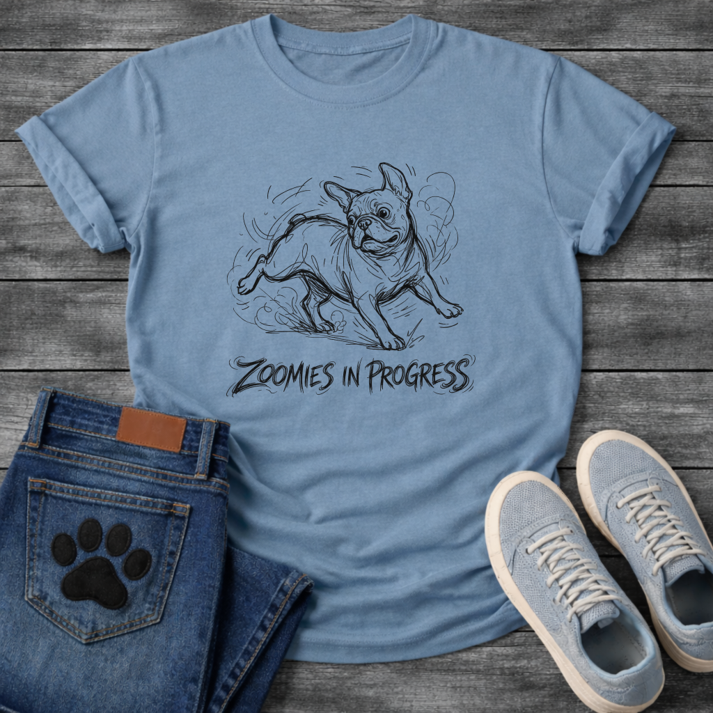 Zoomies in Progress French Bulldog sketch t-shirt - 
energetic Frenchie mid-zoomie graphic tee black ink