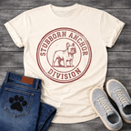 French Bulldog t-shirt with vintage rubber stamp circular badge, detailed Frenchie standing portrait centered, distressed collegiate text reading Stubborn Anchor Division around the border, single terracotta ink with heavy worn texture