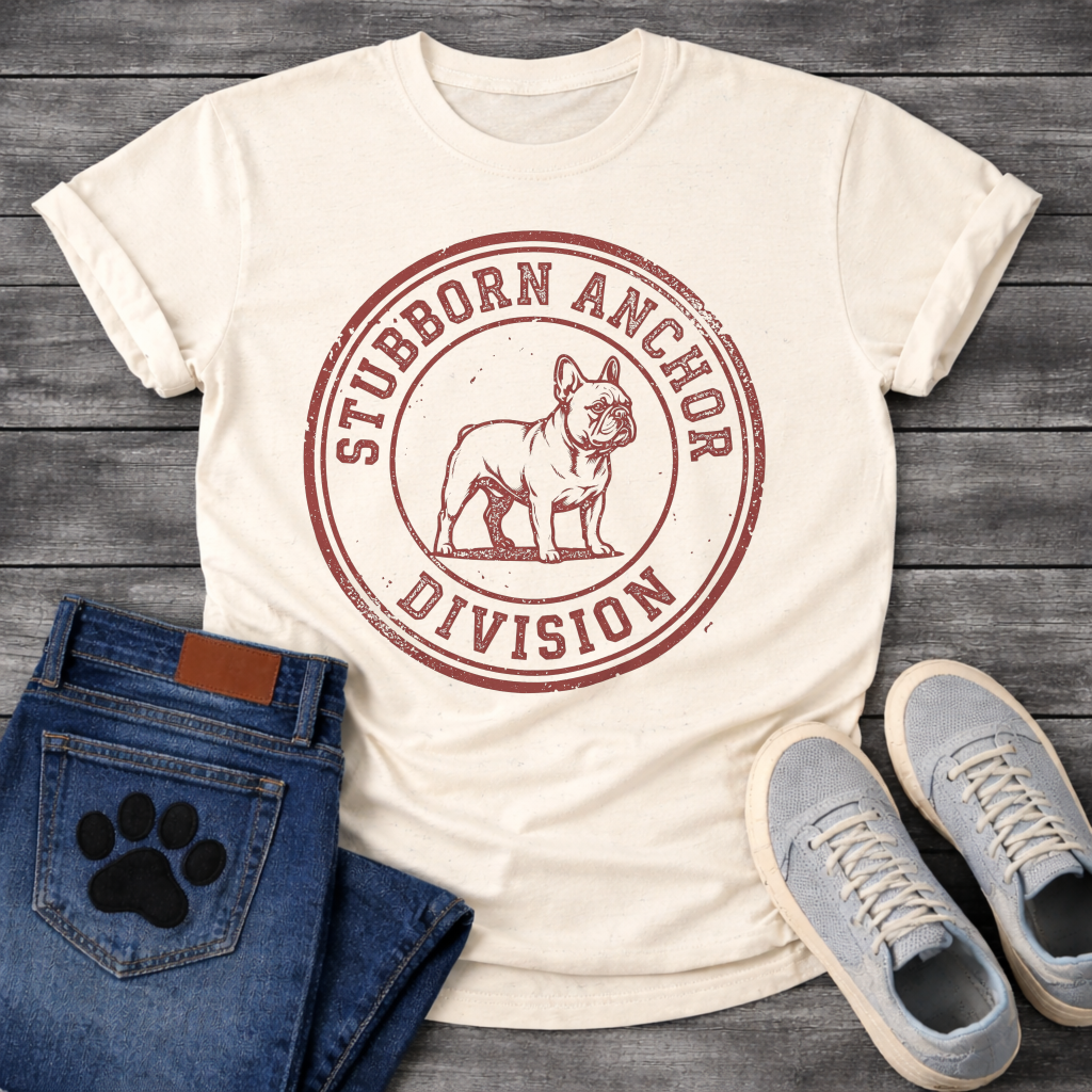French Bulldog t-shirt with vintage rubber stamp circular badge, detailed Frenchie standing portrait centered, distressed collegiate text reading Stubborn Anchor Division around the border, single terracotta ink with heavy worn texture
