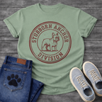 French Bulldog t-shirt with vintage rubber stamp circular badge, detailed Frenchie standing portrait centered, distressed collegiate text reading Stubborn Anchor Division around the border, single terracotta ink with heavy worn texture