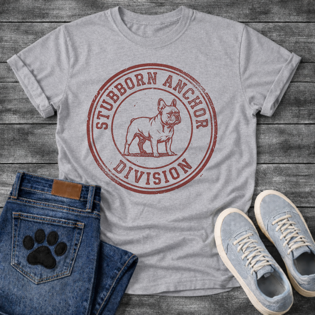 French Bulldog t-shirt with vintage rubber stamp circular badge, detailed Frenchie standing portrait centered, distressed collegiate text reading Stubborn Anchor Division around the border, single terracotta ink with heavy worn texture