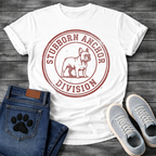 French Bulldog t-shirt with vintage rubber stamp circular badge, detailed Frenchie standing portrait centered, distressed collegiate text reading Stubborn Anchor Division around the border, single terracotta ink with heavy worn texture