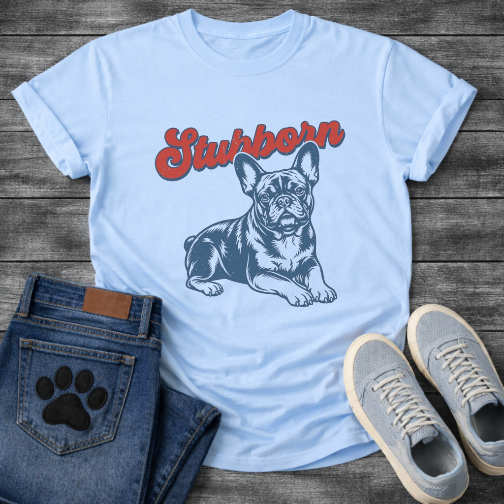 French Bulldog lying down with Stubborn retro script typography graphic tee