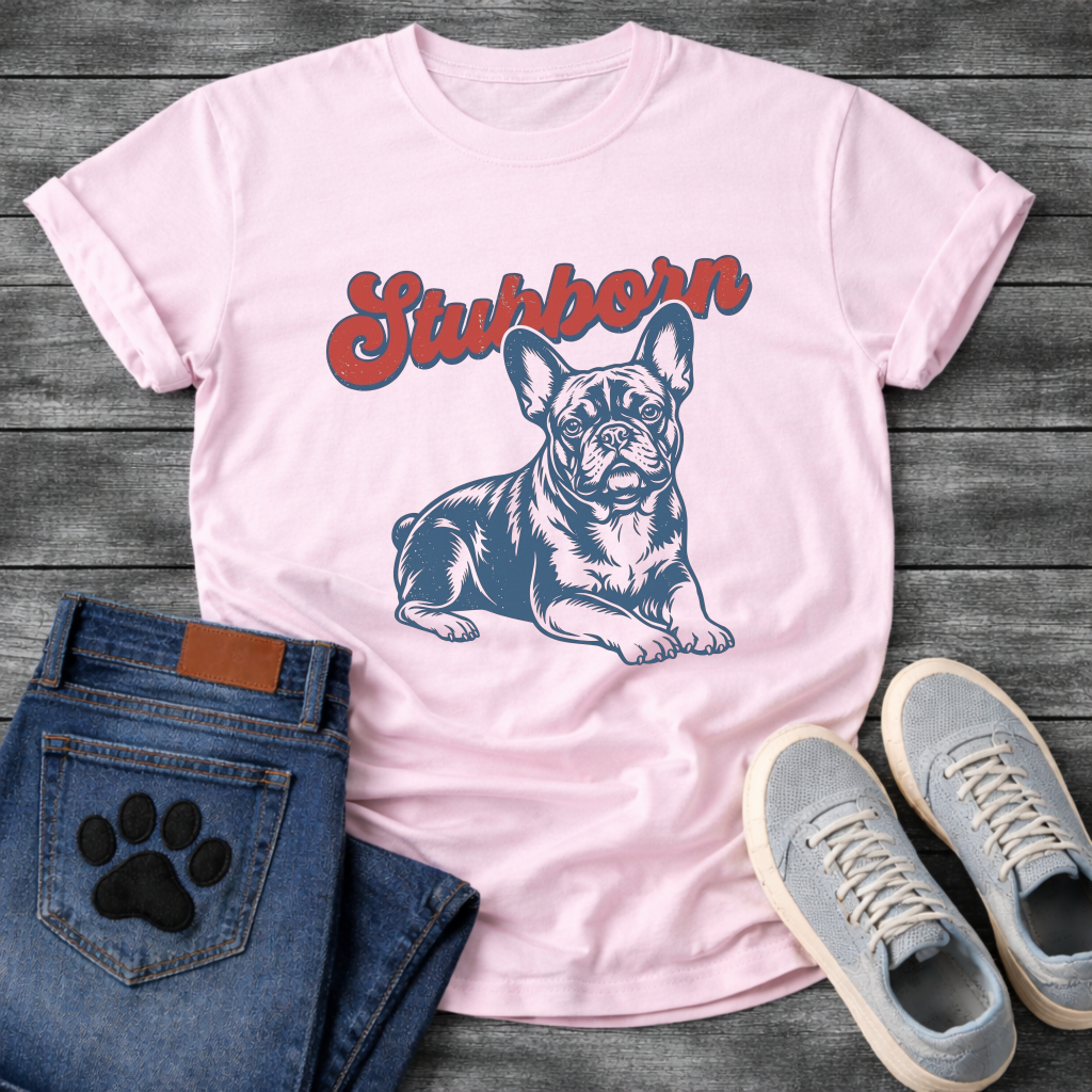 French Bulldog lying down with Stubborn retro script typography graphic tee