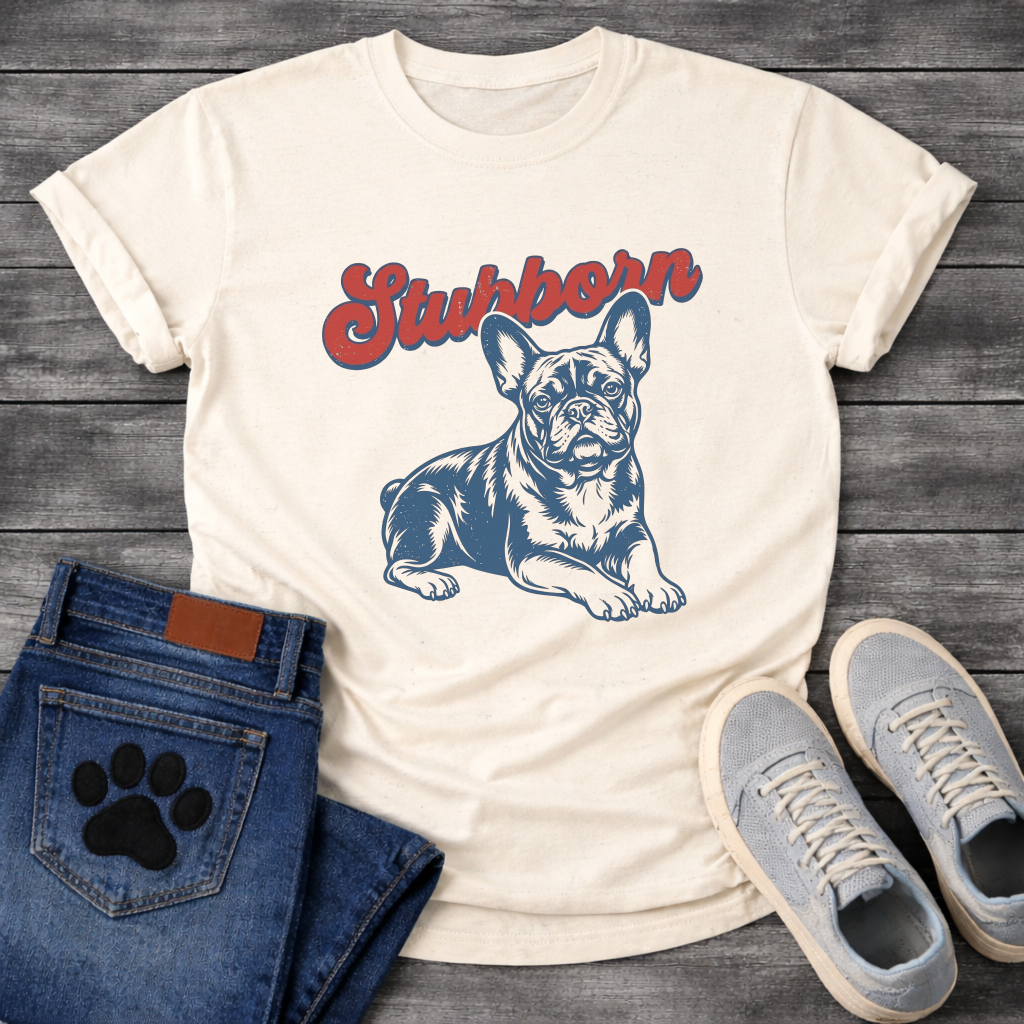 French Bulldog lying down with Stubborn retro script typography graphic tee