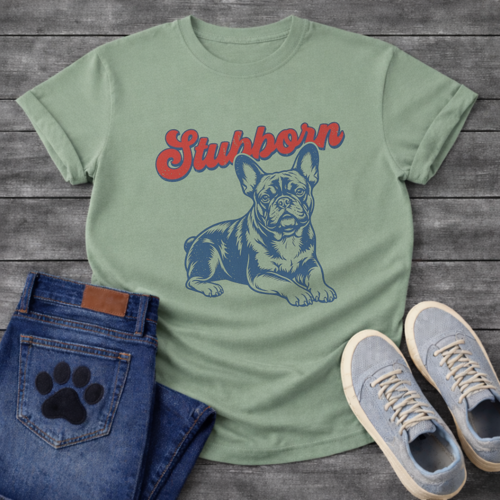 French Bulldog lying down with Stubborn retro script typography graphic tee
