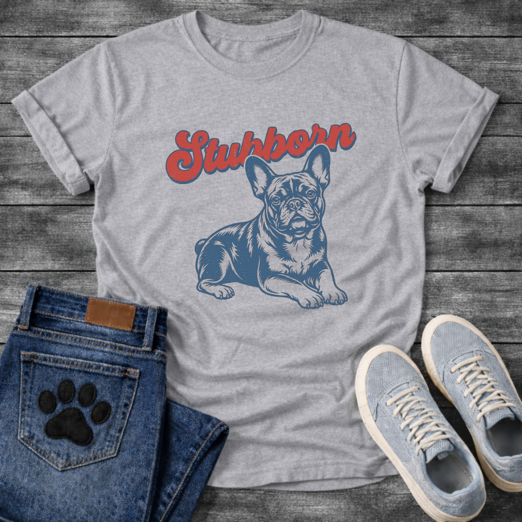 French Bulldog lying down with Stubborn retro script typography graphic tee