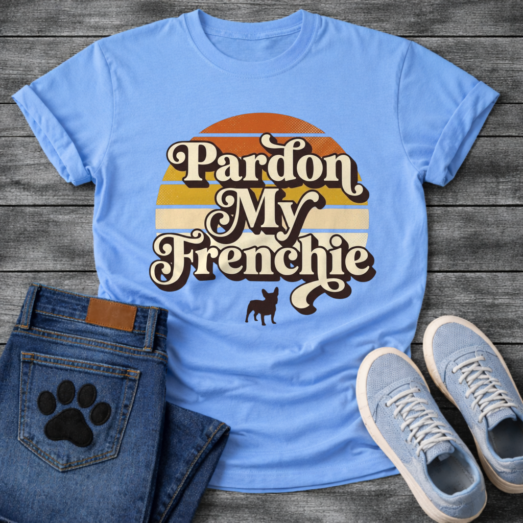 Pardon My Frenchie funny dog shirt light blue retro sunset French Bulldog pet lover tee
