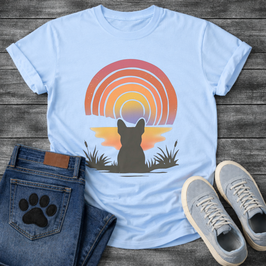 French Bulldog retro sunset rainbow silhouette graphic dog shirt unisex tee
